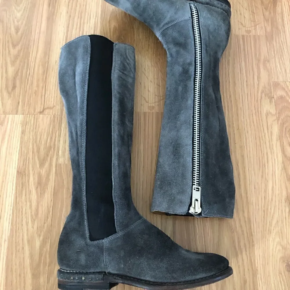 Bed Stu Tall Gray Suede Leather Boots Side Zip